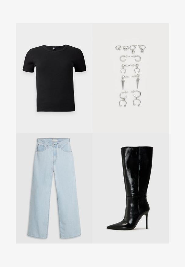 Black bomber jacket made of smooth satin with a cropped design, featuring ribbed cuffs and hem, two front pockets, and a zip closure.; Black short-sleeve t-shirt made from ribbed fabric. Features a classic crew neckline and a fitted silhouette. No additional accents.; Light blue, wide-leg denim jeans with a high waist, featuring a button and zipper closure, double front pockets, and subtle stitching details.; Black leather knee-high boots with a pointed toe and high stiletto heel. Smooth texture and sleek design, featuring minimal detailing.; Set of silver earrings featuring various designs: hoops, studs, and dangling styles, with ball accents and pointed elements.