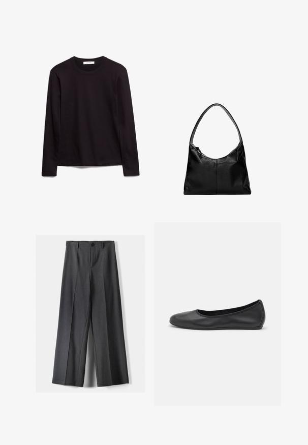 Crna bomber jakna od glatkog satena s krojenim dizajnom, s rebrastim manžetnama i rubom, dva prednja džepa i zatvaranjem na patentni zatvarač.; Crna majica dugih rukava s okruglim izrezom, izrađena od teksturirane tkanine, s ravnim rubom i šivenim detaljima na ovratniku i ramenima.; Hlače širokih nogavica od tamnosive tkanine, s kopčanjem na gumb, prednjim plisiranjima i petljama za remen. Glatka tekstura s krojem.; Crne kožne baletanke s zaobljenim vrhom, glatke teksture, minimalnim detaljima šavova i fleksibilnim dizajnom potplata.; Crna kožna torba za rame s glatkom teksturom, zakrivljenim vrhom i jednim remenom. Ima zatvaranje na patentni zatvarač i minimalistički dizajn.