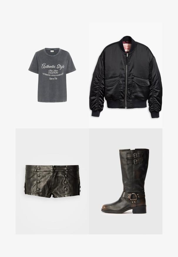 Black bomber jacket made of smooth satin with a cropped design, featuring ribbed cuffs and hem, two front pockets, and a zip closure.; Kaffe VIA - Print T-shirt - black acid wash w chalk aop; Black leather low-rise shorts with decorative metal buttons on front and sides, featuring front pockets and stitching details.; Black leather mid-calf boot with two buckles near the top and a strap with metal ring detail around the ankle on a white background.