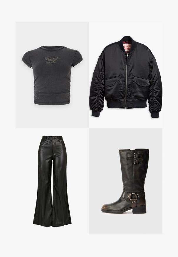 Chaqueta bomber negra de satén liso con un diseño corto, que cuenta con puños y dobladillo acanalados, dos bolsillos delanteros y cierre de cremallera.; Camiseta corta de manga corta negra, hecha de una tela suave, con un logotipo bordado de alas y "GUESS ORIGINALS" en forma de arco.; Pantalones de cuero negro acampanados con una textura suave, que cuentan con una cintura alta, cierre de botón y bolsillos frontales. Diseño de pierna ancha y acabado pulido.; Bota de cuero negro hasta media pantorrilla con dos hebillas cerca de la parte superior y una correa con detalle de anillo de metal alrededor del tobillo sobre un fondo blanco.