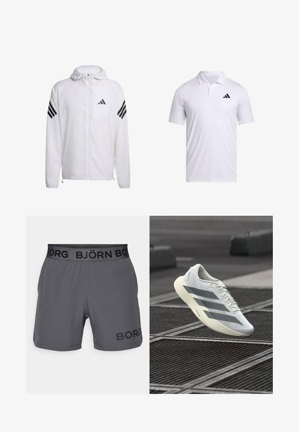 Bílá lehká bunda s kapucí, se černými třemi pruhy na rukávech a malým šedým logem. Celopropínací zapínání a nastavitelný spodní lem.; Bílá polokošile vyrobená z prodyšného materiálu s límečkem, se krátkými rukávy a černým logem Adidas na levé hrudi.; Šedé sportovní šortky s černým elastickým pasem, na kterém je z boku vytištěno "BJÖRN BORG" a "BORG" v černé barvě. Hladká textura.; Bílá sportovní obuv s texturovaným síťovaným svrškem, zdobená šedými pruhy a polstrovanou podrážkou. Lehký design vhodný na běhání.