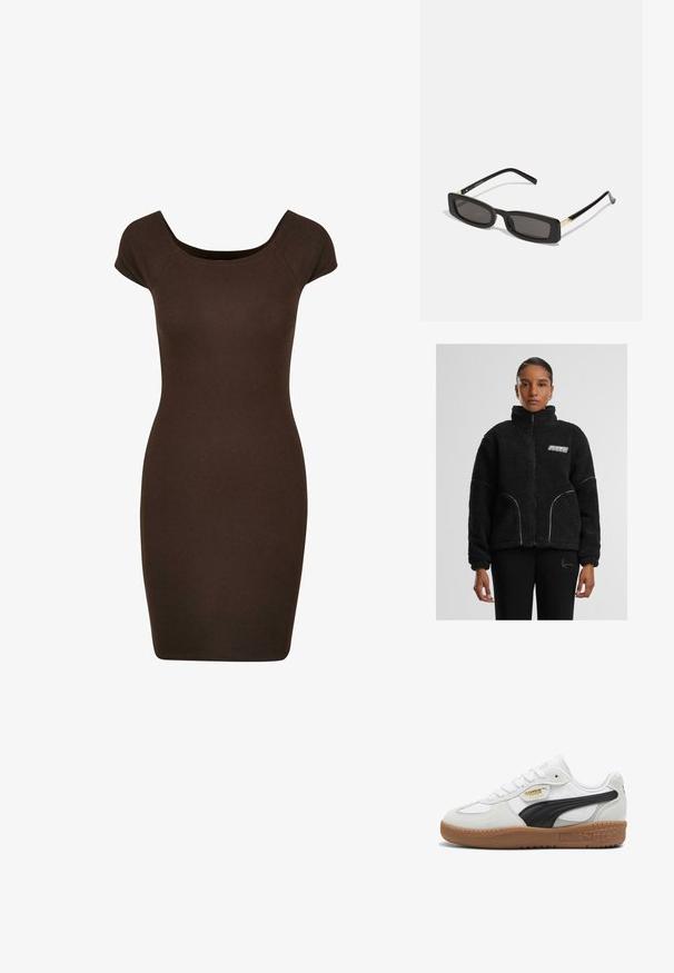 Jachetă din blană sintetică neagră, cu fermoar, guler înalt, cusături albe în contrast și logo pe piept. Prezintă buzunare laterale și o croială relaxată.; Rochie bodycon ribbed de culoare maro, cu mâneci scurte și decolteu rotund, concepută pentru a evidenția silueta. Textură netedă pe întreaga suprafață.; Sneakers din piele albă cu o dungi din suede negru, talpă din cauciuc de tip gumă și branding auriu pe lateral. Design cu șireturi și vârf rotund.; Ochelari de soare rectangulari negri cu lentile întunecate, rame din plastic lucios și accente aurii pe tample. Design minimalist și formă elegantă.