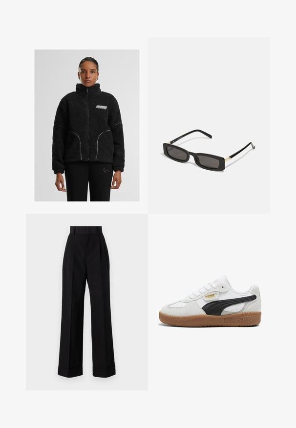 Crna zimska jakna od umjetne krzna s patentnim zatvaračem i visokim ovratnikom, s bijelim kontrastnim šavovima i logotipom na prsima. Ima bočne džepove i ležeran kroj.; Bjela košulja na dugih rukava od glatkog pamuka, s klasičnom kragnom i zakrivljenim rubom. Dugmad su mala i bijela.; Crne hlače visokog struka napravljene od pamuka. Imaju širok kroj, nabore i prevrnute manžete. Glatka tekstura, bez vidljivih uzoraka ili dodataka.; Bijele kožne tenisice s crnim zamšastim prugom, đonom od gumene smole i zlatnim logotipom sa strane. Klasičan dizajn s vezanjem i zaobljenim vrhom.; Crne pravokutne sunčane naočale s tamnim lećama, sjajnim plastičnim okvirom i zlatnim akcentima na sljepoočnicama. Minimalistički dizajn i elegantan oblik.