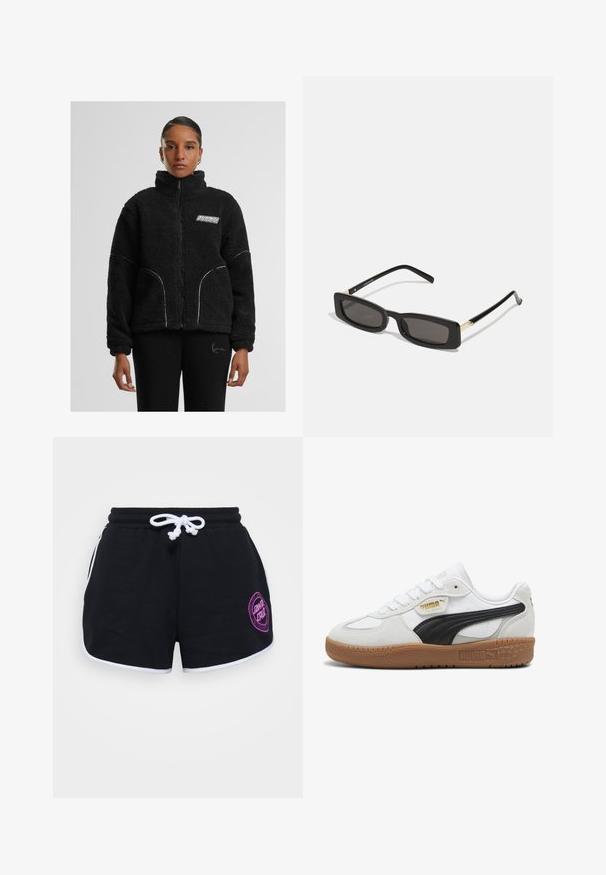 Black faux fur zip-up jacket with high collar, white contrast stitching, and logo on the chest. Features side pockets and a relaxed fit.; Two sleeveless tops in black and white, made of ribbed cotton, featuring round necklines and a fitted design. Labels visible on both.; Black shorts made of cotton, featuring a white drawstring, white trim, and a purple circular logo on the front right side.; White leather sneakers with a black suede stripe, gum rubber sole, and gold branding on the side. Lace-up design with a rounded toe.; Black rectangular sunglasses with dark lenses, glossy plastic frames, and gold accents on the temples. Minimalist design and sleek shape.