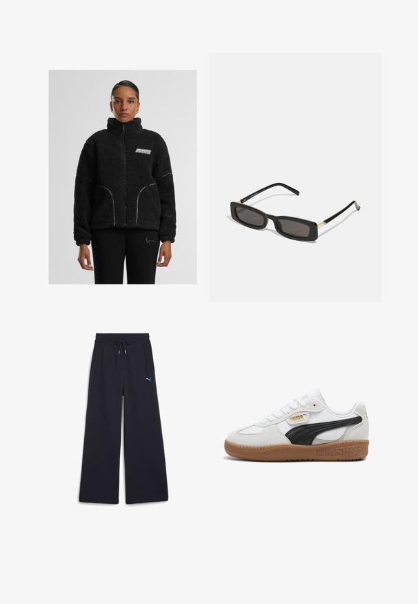 Fekete műszőrme dzseki magas gallérral, fehér kontrasztvarrással és logóval a mellkason. Oldalsó zsebekkel és laza szabással rendelkezik.; Két ujjatlan felső fekete és fehér színben, bordás pamutból készült, kerek nyakkivágással és testhez simuló fazonnal. Mindkettőn látható címke.; Sötétkék, bő szárú melegítőnadrág elasztikus derékrésszel, húzózsinórral és oldalsó zsebekkel. A bal combján egy kis kék Puma logó található.; Fehér bőr sportcipők fekete velúr csíkkal, rágógumi talppal és arany logóval az oldalon. Fűzős kialakítás lekerekített orral.; Fekete téglalap alakú napszemüveg sötét lencsékkel, fényes műanyag kerettel, arany díszítéssel az temples. Minimalista design és elegáns forma.