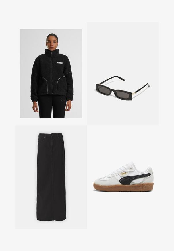 Melnā mākslīgā kažokā zip-up jaka ar augsto apkakli, baltām kontrastējošām šuvēm un logotipu uz krūtīm. Iespējo sānu kabatas un brīvu piegriezumu.; Melnas īsā piegriezuma T-kreklis no kokvilnas. Tam ir īsas piedurknes un apaļa izgriezne. Gluda tekstūra ar vienkāršu dizainu, bez papildu rakstiem.; Melnas džinsa maksi svārki ar taisnu griezumu, priekšējiem kabatām, jostas cilpām un vienu pogu jostasvietā. Gluda auduma tekstūra.; Baltas ādas sneakeris ar melnu zamšādas svītru, gumijas zoli un zelta zīmolu sānos. Saites dizains ar noapaļotu purngalu.; Melnas taisnstūra saulesbrilles ar tumšiem objektīviem, spīdīgām plastikāta rāmēm un zelta akcentiem tempļos. Minimalistisks dizains un eleganta forma.