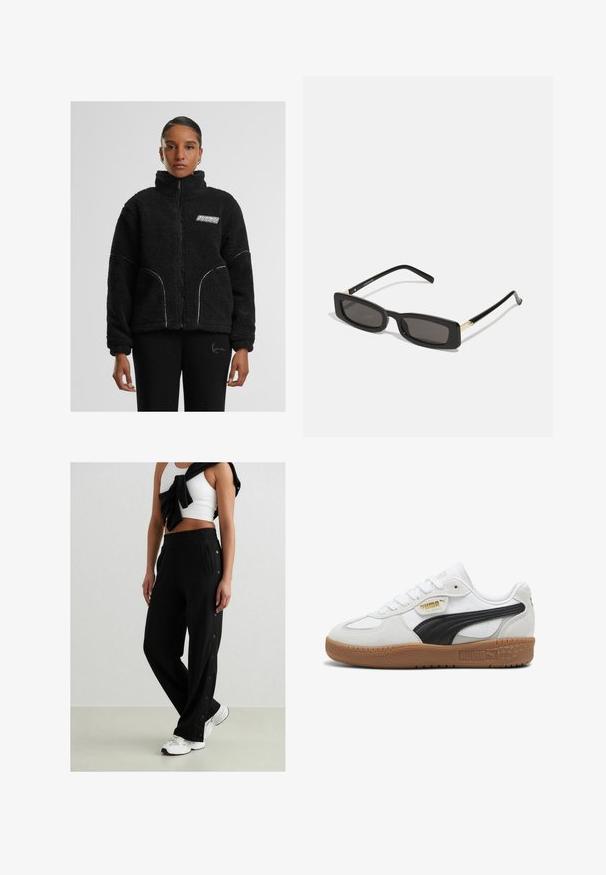 Mustaa tekoturkista valmistettu vetoketjullinen takki, jossa on korkea kaulus, valkoiset kontrastipistot ja logo rinnassa. Takissa on sivutaskut ja rento istuvuus.; Mustat lyhyet hihattomat t-paidat, valmistettu puuvillasta. Siinä on lyhyt hihat ja pyöreä pääntie. Sileä rakenne yksinkertaisella muotoilulla, ilman ylimääräisiä kuvioita.; Mustat liikuntahousut, joissa on sivunappikiinnitys, joustava vyötärö ja kaksi sivutaskua. Kangas näyttää pehmeältä ja sileältä.; Valkoiset nahkakengät, joissa on musta mokkanahkaviiva, kumipohja ja kultainen brändäys sivussa. Narskuttava muotoilu, jossa on pyöristetty kärki.; Mustat suorakulmion muotoiset aurinkolasit tummilla linsseillä, kiiltävillä muovikehyksillä ja kultaisilla yksityiskohdilla temppeleissä. Minimalistinen muotoilu ja virtaviivainen malli.