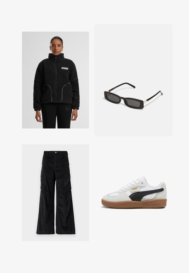 Melnā mākslīgā kažokā zip-up jaka ar augsto apkakli, baltām kontrastējošām šuvēm un logotipu uz krūtīm. Iespējo sānu kabatas un brīvu piegriezumu.; Melnas īsā piegriezuma T-kreklis no kokvilnas. Tam ir īsas piedurknes un apaļa izgriezne. Gluda tekstūra ar vienkāršu dizainu, bez papildu rakstiem.; Melna kordveida krāsu bikses ar plašu kāju dizainu, kas raksturojas ar teksturētām vertikālām rievām, sānu kabatām un pogu aizdari viduklī.; Baltas ādas sneakeris ar melnu zamšādas svītru, gumijas zoli un zelta zīmolu sānos. Saites dizains ar noapaļotu purngalu.; Melnas taisnstūra saulesbrilles ar tumšiem objektīviem, spīdīgām plastikāta rāmēm un zelta akcentiem tempļos. Minimalistisks dizains un eleganta forma.