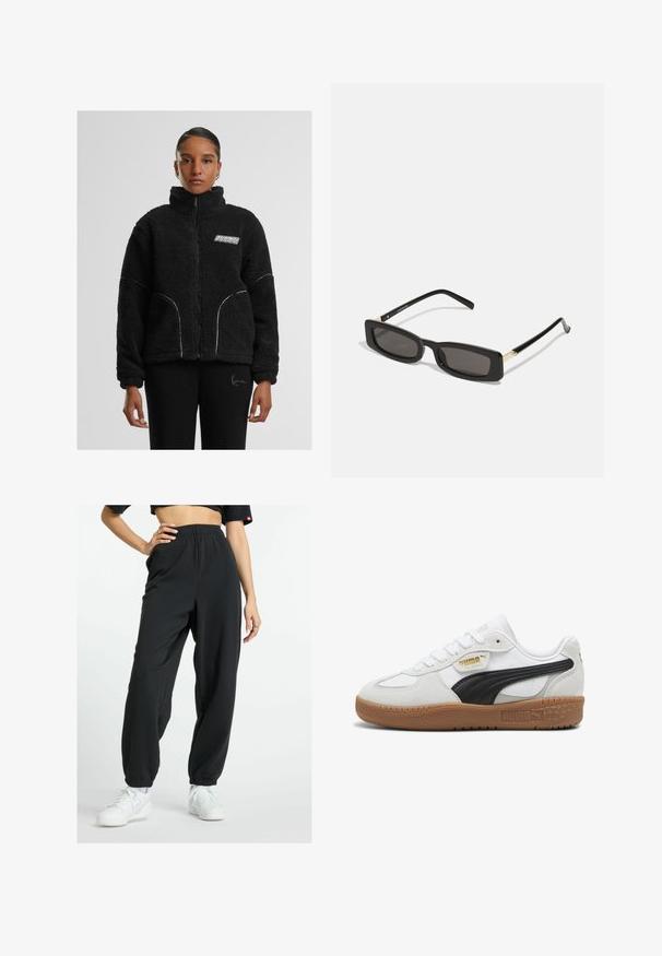 Giacca nera in pelliccia sintetica con zip e colletto alto, cuciture a contrasto bianche e logo sul petto. Caratterizzata da tasche laterali e una vestibilità comoda.; Maglietta nera cropped realizzata in cotone. Presenta maniche corte e un collo rotondo. Tessuto liscio con un design semplice, senza ulteriori motivi.; New Balance ESSENTIALS FRENCH JOGGER - Pantaloni sportivi - black; Sneaker bianche in pelle con una striscia in suede nero, suola in gomma color tabacco e branding dorato sul lato. Design con lacci e punta arrotondata.; Occhiali da sole neri rettangolari con lenti scure, montatura in plastica lucida e accenti dorati sulle tempie. Design minimalista e forma elegante.