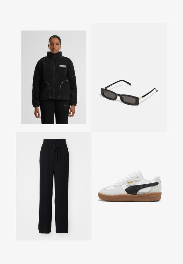 Veste zippée en fausse fourrure noire avec col montant, coutures blanches contrastantes et logo sur la poitrine. Dispose de poches latérales et d'une coupe décontractée.; T-shirt noir court en coton. Doté de manches courtes et d'un col rond. Texture lisse avec un design simple, sans motifs supplémentaires.; Pantalon noir à jambes larges en tissu doux. Dispose d'une taille à nouer et d'une coupe décontractée, sans motifs ni accents visibles.; Baskets en cuir blanc avec une bande en daim noir, semelle en caoutchouc gomme et logo doré sur le côté. Design à lacets avec un embout arrondi.; Lunettes de soleil noires rectangulaires avec des verres sombres, monture en plastique brillant et accents dorés sur les branches. Design minimaliste et forme épurée.