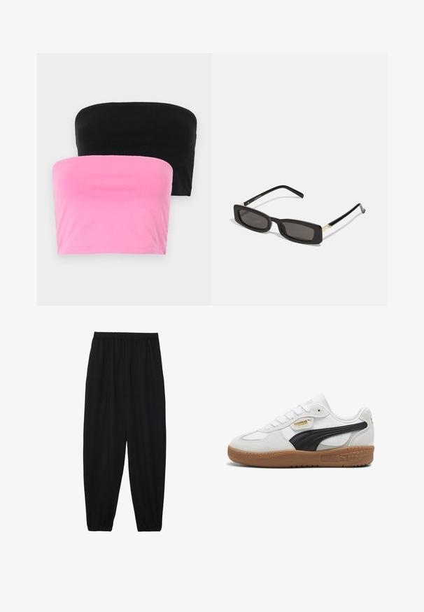 Crna zimska jakna od umjetne krzna s patentnim zatvaračem i visokim ovratnikom, s bijelim kontrastnim šavovima i logotipom na prsima. Ima bočne džepove i ležeran kroj.; Dva straples topa u crnoj i ružičastoj boji. Izrađeni od glatkog pamuka, imaju jednostavan dizajn s rastezljivim krojem i bez kopčanja.; Crne, lagane hlače s elastičnom stražnjom pasicom i naboranim gležnjevima. Tkanina je glatka i ima opušteni, suženi dizajn.; Bijele kožne tenisice s crnim zamšastim prugom, đonom od gumene smole i zlatnim logotipom sa strane. Klasičan dizajn s vezanjem i zaobljenim vrhom.; Crne pravokutne sunčane naočale s tamnim lećama, sjajnim plastičnim okvirom i zlatnim akcentima na sljepoočnicama. Minimalistički dizajn i elegantan oblik.
