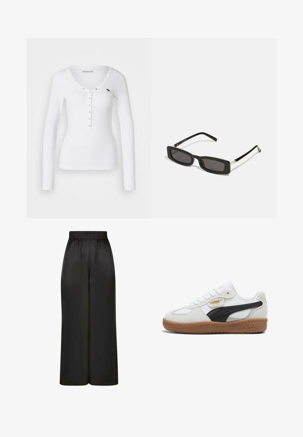Giacca nera in pelliccia sintetica con zip e colletto alto, cuciture a contrasto bianche e logo sul petto. Caratterizzata da tasche laterali e una vestibilità comoda.; Abercrombie & Fitch ICON HENLEY - Maglietta a manica lunga - white; Pantaloni neri a gamba larga realizzati in un tessuto liscio e lucido, con una vita elastica e senza tasche visibili o dettagli in metallo.; Sneaker bianche in pelle con una striscia in suede nero, suola in gomma color tabacco e branding dorato sul lato. Design con lacci e punta arrotondata.; Occhiali da sole neri rettangolari con lenti scure, montatura in plastica lucida e accenti dorati sulle tempie. Design minimalista e forma elegante.