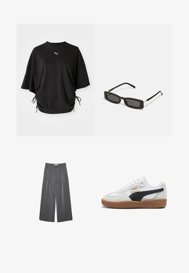 Crna zimska jakna od umjetne krzna s patentnim zatvaračem i visokim ovratnikom, s bijelim kontrastnim šavovima i logotipom na prsima. Ima bočne džepove i ležeran kroj.; Crna majica kratkih rukava od pamuka, s okruglim izrezom i bočnim šnurašima za prilagodljivu veličinu; Puma logo u bijeloj boji na prsima.; Dugi hlače širokog kroja s plitkim naborima u tamnosivoj tkanini s suptilnom teksturom. Sadrže zatvaranje na gumba i klasičan dizajn struka.; Bijele kožne tenisice s crnim zamšastim prugom, đonom od gumene smole i zlatnim logotipom sa strane. Klasičan dizajn s vezanjem i zaobljenim vrhom.; Crne pravokutne sunčane naočale s tamnim lećama, sjajnim plastičnim okvirom i zlatnim akcentima na sljepoočnicama. Minimalistički dizajn i elegantan oblik.