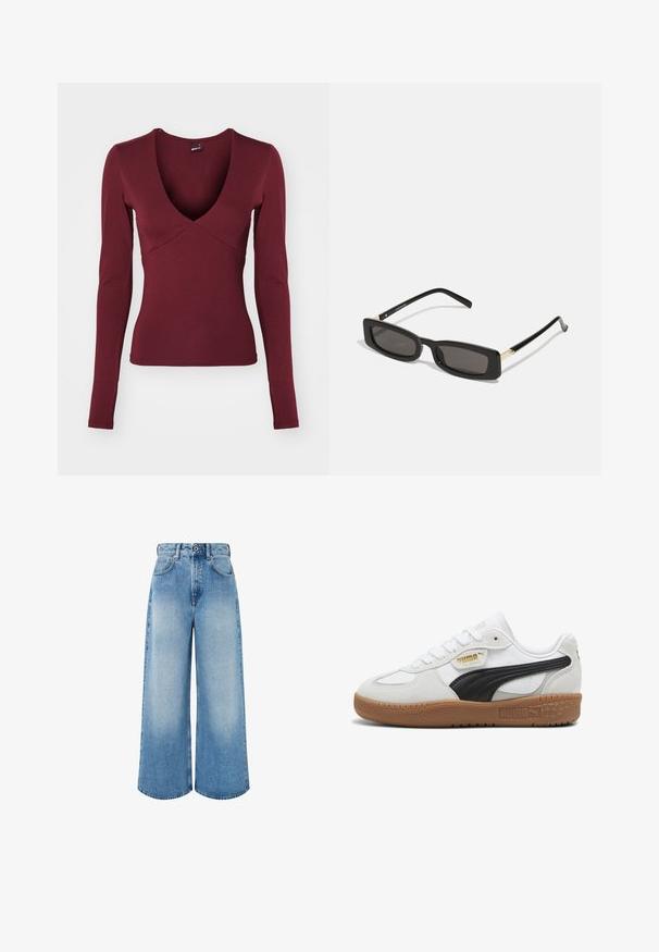 Juoda dirbtinė kailio striukė su užtrauktuku ir aukštu apykakle, balta kontrastinė siuvimo siūlė bei logotipas ant krūtinės. Su šoninėmis kišenėmis ir laisvu siluetu.; Bordo spalvos ilgomis rankovėmis marškiniai su giliu V formos iškirpimu ir prigludusia forma, pagaminti iš minkštos, tamprios medžiagos, su siūlių detalėmis ant krūtinės.; Šviesiai mėlynos plačios kojų džinsinės kelnės, pagamintos iš džinsinio audinio, su aukštu liemeniu, mygtukų užsegimu ir subtiliu išblukimu, turinčiu švarius apdailos kraštus.; Baltos odinės sportbačiai su juodu veliūro juostele, guminiu padu ir auksiniu prekės ženklu šone. Šnervių dizainas su apvaliu pirštu.; Juodos stačiakampės akinių nuo saulės su tamsiais lęšiais, blizgančiais plastikinių rėmų ir auksiniais akcentais ant šventyklų. Minimalistinis dizainas ir elegantiška forma.