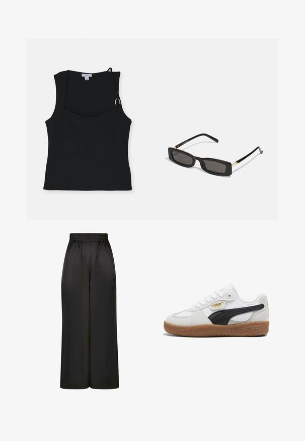 Čierna bunda z umelého kožucha na zips s vysokým golierom, bielym kontrastným prešívaním a logom na hrudi. Obsahuje bočné vrecká a voľný strih.; Čierny top bez rukávov so štvorcovým výstrihom, zdobený uzlovým detailom na ramienku a zlatým kovovým doplnkom. Vyrobený z hladkej, elastickej látky.; Čierne široké nohavice vyrobené z hladkého, lesklého materiálu s elastickým pásom a bez viditeľných vreciek či kovových detailov.; Biele kožené tenisky s čiernym semišovým pruhom, gumenou podrážkou a zlatým brandingom na boku. Šnurovací dizajn s okrúhlou špičkou.; Čierne obdĺžnikové slnečné okuliare s tmavými šošovkami, lesklými plastovými rámami a zlatými akcentmi na spánkoch. Minimalistický dizajn a štíhly tvar.