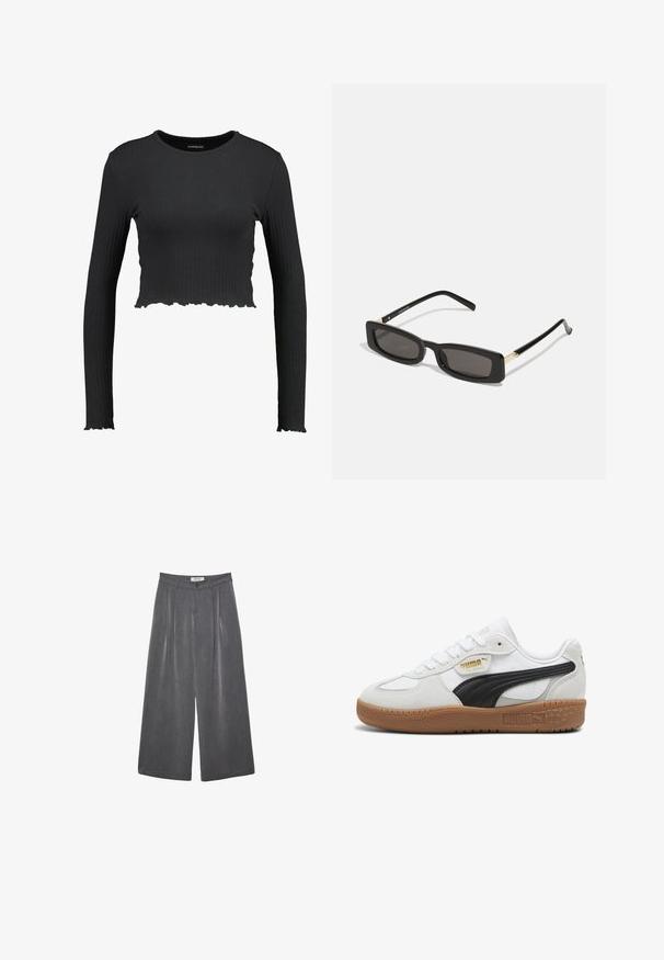 Crna zimska jakna od umjetne krzna s patentnim zatvaračem i visokim ovratnikom, s bijelim kontrastnim šavovima i logotipom na prsima. Ima bočne džepove i ležeran kroj.; Crni rebrasti kratki rukav s dugim rukavima, okruglog izreza i valovitom donjom rubu. Izrađen od rastezljivog materijala za usklađen izgled.; Dugi hlače širokog kroja s plitkim naborima u tamnosivoj tkanini s suptilnom teksturom. Sadrže zatvaranje na gumba i klasičan dizajn struka.; Bijele kožne tenisice s crnim zamšastim prugom, đonom od gumene smole i zlatnim logotipom sa strane. Klasičan dizajn s vezanjem i zaobljenim vrhom.; Crne pravokutne sunčane naočale s tamnim lećama, sjajnim plastičnim okvirom i zlatnim akcentima na sljepoočnicama. Minimalistički dizajn i elegantan oblik.