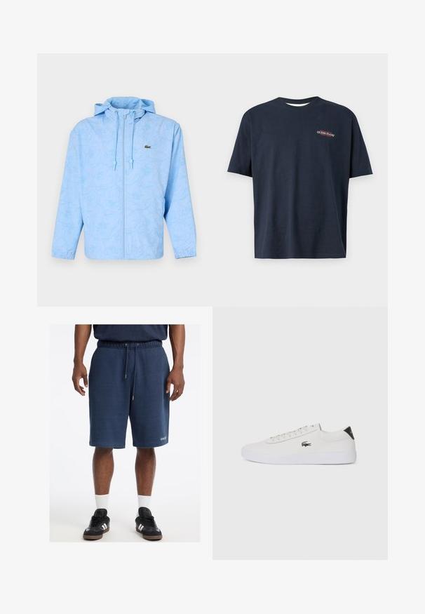 Lacoste Overgangsjakke - light bleu; Marineblå bomulds t-shirt med korte ærmer. Fronten har et lille broderet "GUESS JEANS" logo i rød og hvid. Rund halsudskæring, normal pasform.; Marineblå bomuldsbukser med elastisk talje, snoretræk, sidelommer og "GUESS" logo på fronten.; Hvide lædersneakers med rund tå, snørebånd foran og sort hælaccent. Har et lille broderet krokodillelogo på siden.