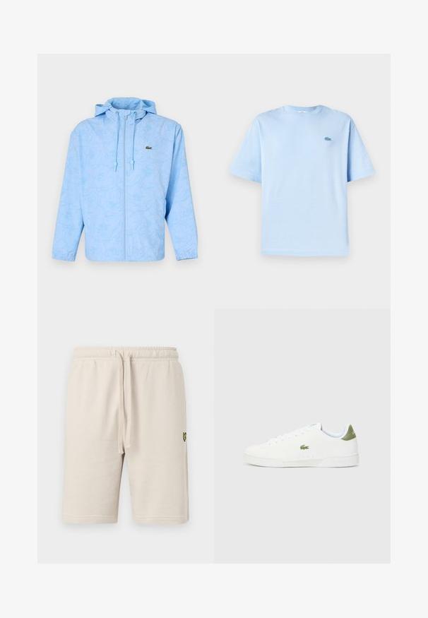 Lacoste Viegla jaka - light bleu; Gaiši zils kokvilnas T-krekls ar apaļu kakla izgriezumu, īsām piedurknēm un mazu izšūtu logotipu kreisajā krūtīs. Mīksta tekstūra, brīvs griezums.; Bežīgas kokvilnas šorti ar elastīgu jostasvīru un auklu. Uz kreisā augšstilba ir neliels melns logo. Gluda tekstūra, līdz ceļgaliem.; Baltas sporta apavi ar gludu virsmu, ar zaļu akcentu uz papēža un mazu izšūtu krokodila logo sānos.