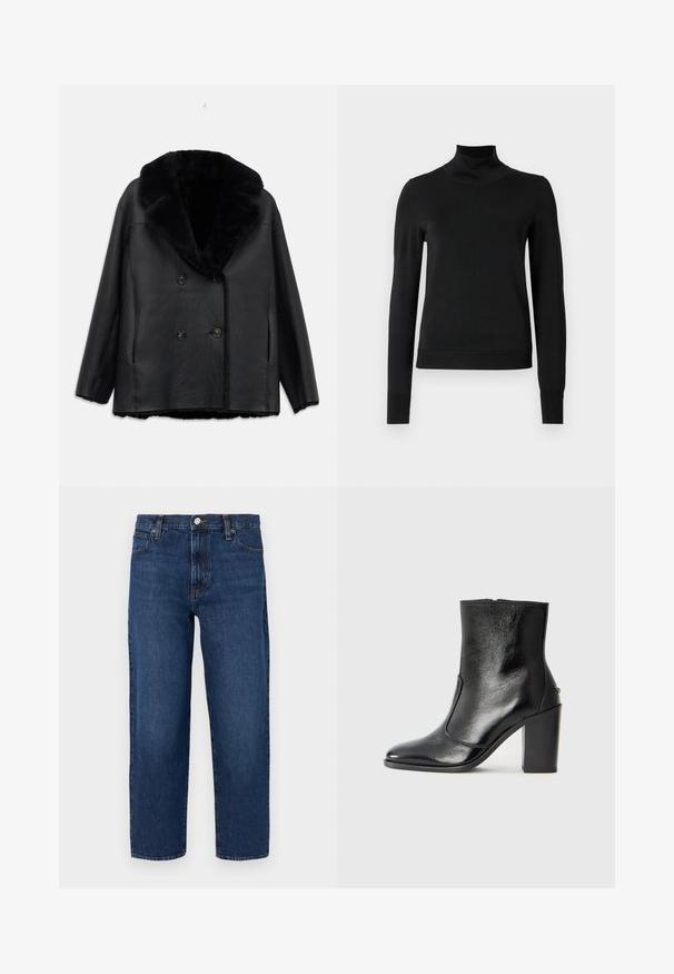 Juodas odinis dvigubo užsegimo paltas su kailiniu apykakle, turintis tekstūruotą paviršių, du priekiniai kišeniai ir juodi mygtukai.; Juoda ilgomis rankovėmis turtleneko tipo megztinis su rebruotomis rankovėmis ir apačia, eksponuojamas ant paprasto balto fono.; Tamsiai mėlynos džinsinės kelnės su laisvu siluetu, tiesiomis kojomis, penkių kišenių dizainu, priekiniais mygtukais ir subtiliomis siuvimo detalėmis.; Juodas odinis kulkšninis batas su lygiu paviršiumi, smailiu pirštu ir masyviu aukštu kulnu. Savybė - šoninis atidarymas ir minimalistiškas dizainas.