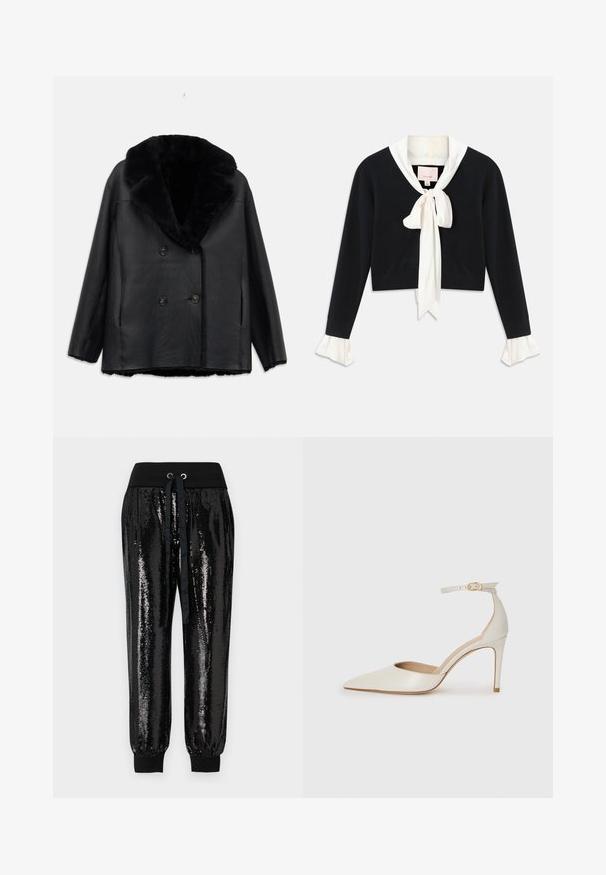 Svart läder dubbelfångad kappa med en pälskrage, med en strukturerad finish, två framfickor och svarta knappar.; Svart långärmad cropped tröja med fastsytt vitt krage, framåtbåge och vita volangärmar.; Svarta paljettbyxor med elastisk midja. Har dragsko-closure och smalnande ankle cuffs. Slät textur med skinande finish.; Vit läderhögklackad sko med spetsig tå, ankelrem och en smal stilettklack. Slät textur med diskret glänsande finish.