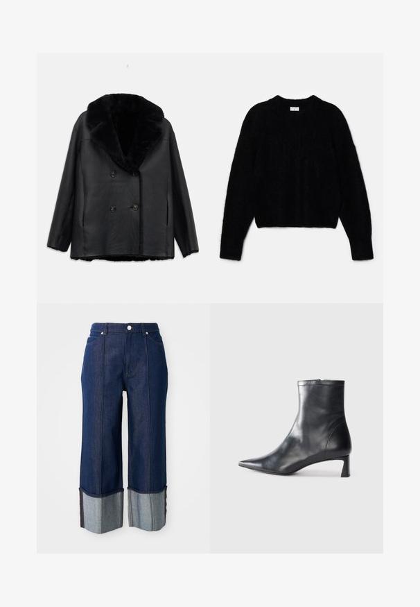 Mustast nahast topeltnuppudega mantel, millel on karvane krae, tekstureeritud pind, kaks eesmist taskut ja mustad nupud.; Must beebi, mis on tehtud karvase materjali jaoks. Omab ümarat kaelust ja pikki varrukaid, millel on pehme tekstuur. Minimalistlik disain, ilma mustriteta.; Tumedat sinised laiad teksad volditud äärega, mille seest paistab heledam denim, ees nupp ja taskud valgel taustal.; Mustad mustall nahkasaabas terava nina ja stiilse disainiga. Omab madalat konts ja luku sulgemist taga. Sile tekstuur.