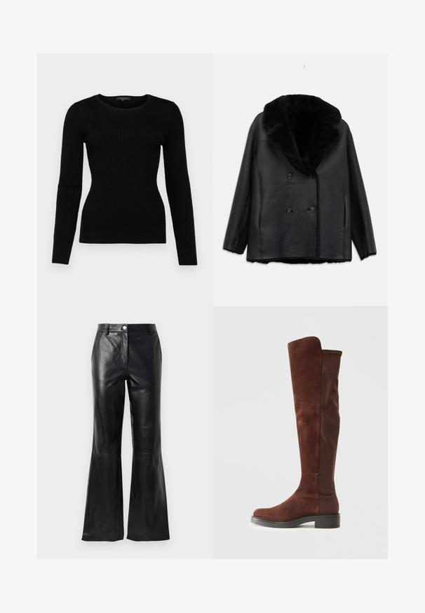 Mustat nahkainen kaksirivinen takki, jossa on turkiskaulus, rakenteellinen pinta, kaksi etutaskua ja mustat napit.; Musta ribbenne pitkähihaisessa neuleessa on pyöreä pääntie ja slim fit -malli, joka on valmistettu pehmeästä materiaalista ja siinä on teksturoitu pinta.; Mustat keinonahkahousut, joissa on korkea vyötärö, nappikiinnitys, vyölenkit ja levenevät lahkeet valkoista taustaa vasten.; Korkeat ruskeat mokka- ja kangasbootsit, joissa on matala musta korko ja pyöreä kärki, näkyvät sivuprofiilissa yksinkertaisella valkoisella taustalla.