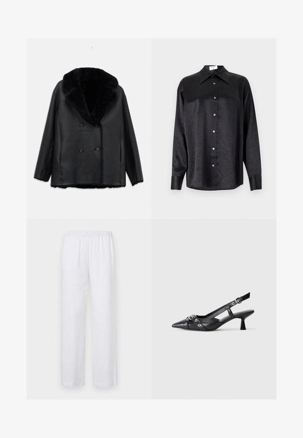 Black leather double-breasted coat with a fur collar, featuring a textured finish, two front pockets, and black buttons.; Black long-sleeve shirt with a collared neckline, featuring a crinkled texture, full button front, and cuffs. Made from a smooth fabric.; ASPESI PANTALONE - Trousers - white; Black leather slingback shoe with a pointed toe, decorative straps featuring metal eyelets, and a low block heel. Textured surface.