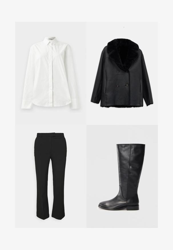 Schwarzer, doppelt knöpfliger Mantel aus Leder mit einem Pelzkragen, mit einer strukturierten Oberfläche, zwei vorderen Taschen und schwarzen Knöpfen.; Weißes Baumwollhemd mit langen Ärmeln, spitzen Kragen, Knopfverschluss vorne und abgerundetem Saum. Glatte Textur, normale Passform und keine Muster.; Schwarze, maßgeschneiderte Hose mit geradem Bein, ausgestattet mit Gürtelschlaufen und Seitentaschen. Hergestellt aus glattem Stoff mit sauberem Finish.; Schwarze kniehohe Lederstiefel mit niedrigem Absatz und runder Zehenpartie, die Stichdetails entlang des Schafts und des Rists zeigen.