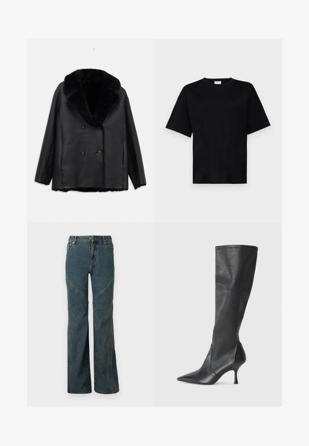 Zwarte leren dubbelzijdig jasje met een bontkraag, met een textuurafwerking, twee voorzakken en zwarte knopen.; Zwart shirt met korte mouwen in een relaxte pasvorm, gemaakt van zachte stof, met een ronde halslijn en zonder opvallende patronen of accenten.; Blauwe denim jeans met een wijdlopende pasvorm, voorzien van gebogen naaddetails en standaard vijf-pocket styling. Ong afgebroken zoom aan de onderkant.; Kniehoge zwarte leren laarzen met een spitse neus en een slanke stilettohak. Glad textuur met een aansluitend ontwerp en stiksels aan de bovenrand.