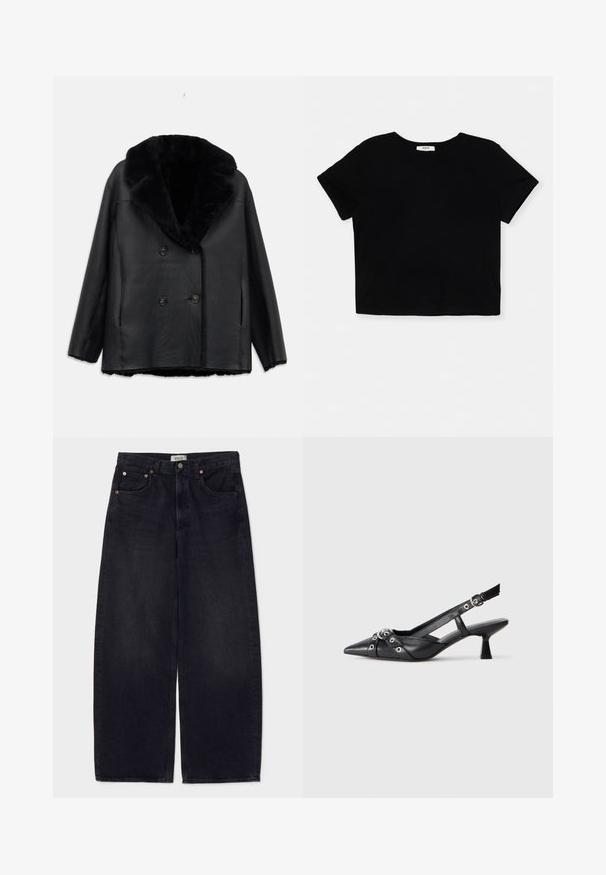 Black leather double-breasted coat with a fur collar, featuring a textured finish, two front pockets, and black buttons.; Black cropped t-shirt made from soft cotton, features short sleeves, a round neckline, and a clean hem without embellishments.; Agolde LOW CURVE - Relaxed fit jeans - black tar; Black leather slingback shoe with a pointed toe, decorative straps featuring metal eyelets, and a low block heel. Textured surface.