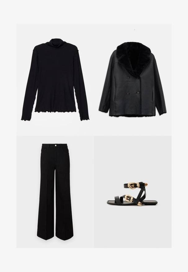 Črni usnjeni plašč z dvojnim zapenjanjem in krznom na ovratniku, ima teksturo, dve sprednji žepsi ter črne gumbe.; Rodebjer CISNE - Majica z dolgimi rokavi - black; Črne široke kavbojke iz trpežnega materiala, z visokim pasom, sprednjimi žepi in sprednjim gumbom. Raven rob na dnu.; Črne usnjene sandale z zlatimi zaponkami, ki imajo več trakov in ravno podplati za nošenje brez prstov.