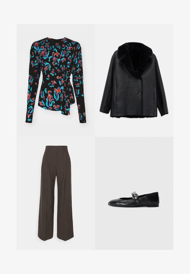 Mustast nahast topeltnuppudega mantel, millel on karvane krae, tekstureeritud pind, kaks eesmist taskut ja mustad nupud.; Must musta varrukatega topp, mis esitleb värvilist lillemustrit punases, türkiissinises ja sinises, ning millel on sõlmeline detail vöökohtadel.; Tumepruunid lai jalad püksid kõrge vöökohaga, millel on korralikult pressitud kortsud, sile tekstuur ja täpselt sobiv lõige.; Mustadest nahast balleti kingad terava varbaga, millel on rihm ümmarguse metallist pandlaga ja lame tald.