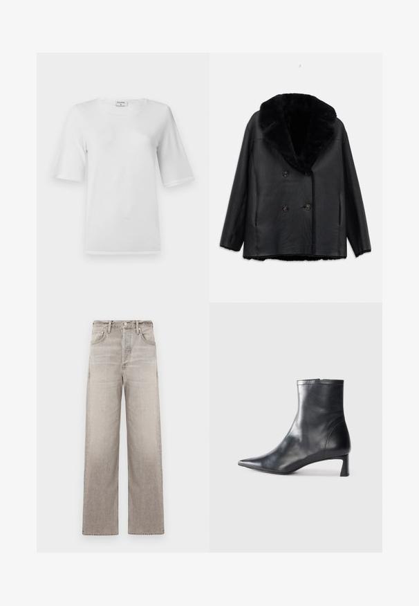 Mustast nahast topeltnuppudega mantel, millel on karvane krae, tekstureeritud pind, kaks eesmist taskut ja mustad nupud.; Valge T-särk lühikeste varrukatega ja ümmarguse kaelusega. Valmistatud pehmest puuvillast kangast. Omab lihtsat disaini, ilma nähtavate mustrite või aktsentideta.; Laiad joped heledast hallist denimist, millel on kulunud tekstuur, viis taskut, esine nupuga kinnitamine ja vöökohakumm.; Mustad mustall nahkasaabas terava nina ja stiilse disainiga. Omab madalat konts ja luku sulgemist taga. Sile tekstuur.