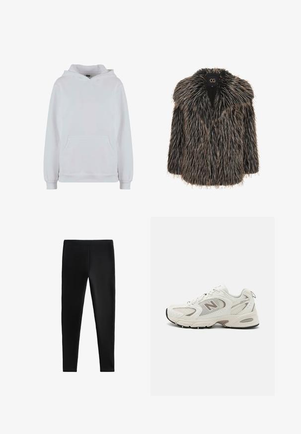 Faux fur jas in zwart met tan accenten, met een brede kraag en een losse pasvorm. Textuur met lange, slordige vezels.; Witte hoodie van een katoenmix. Heeft lange mouwen, een voorzak met kangaroo-pockets en ribgebreide boorden en zoom.; Zwarte legging gemaakt van rekbare stof, met een strak design zonder zichtbare naden of zakken, geschikt voor verschillende activiteiten.; Witte mesh hardloopschoenen met grijze accenten, ronde neus, vetersluiting, gevoerde zool en een prominent "N"-logo aan de zijkant.
