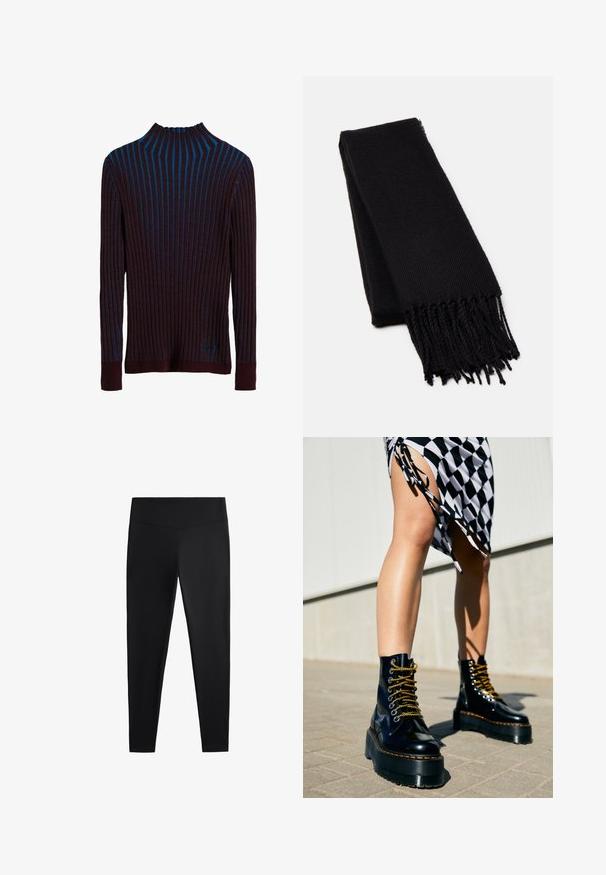 Umělý kožich v černé barvě s béžovými akcenty, s širokým límcem a volným střihem. Texturovaný povrch s dlouhými, chlupatými vlákny.; Tmavě fialový žebrovaný svetr s modrými vertikálními pruhy, vysokým límcem a přiléhavými manžetami. Měkká textura s jemným leskem.; Černé legíny vyrobené z hladkého, elastického materiálu. Mají široký pas a zúžený střih nohavic, vhodné pro aktivní nebo volnočasové nošení.; Černé kožené platformové boty s masivními podrážkami, zlatými tkaničkami a oranžovým prošíváním, doplněné o kostkovanou sukni s bočním rozparkem.; Černý šátek vyrobený z jemné texturované tkaniny. Má třásněné okraje a obdélníkový tvar, který se hodí na přehození kolem krku.