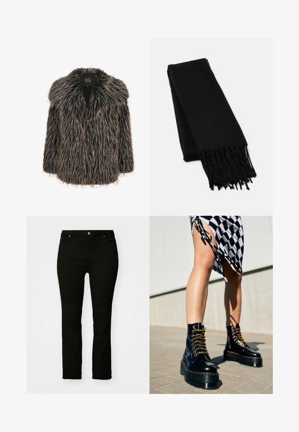 Tekoturkistakki mustana, jossa on tan-väriset korostukset, leveän kauluksen ja löysän istuvuuden kanssa. Rakenteellinen pinta pitkine, pörröisine kuiduille.; Musta poolalla pitkähihaisen pusero, joka on valmistettu ribbikankaasta, tarjoaa muotoilevan leikkauksen, jossa on korkea kaula-aukko eikä kuvioita tai koristeita.; Mustat farkut, joissa on suora leikkaus, viisi taskua, metallinen nappi ja huomaamattomat ompeluyksityiskohdat. Sileä tekstuuri, monipuolinen tyyli.; Mustat nahkakengät, joissa on paksut pohjat, kultaiset nauhat ja oranssi ompelu, yhdistettynä ruutukuosiseseen hameeseen, jossa on sivuhalkio.; Mustapaita, joka on valmistettu pehmeästä, teksturoidusta kankaasta. Siinä on risat reunat ja suorakaiteen muotoinen, sopii kaulaan kieputettavaksi.