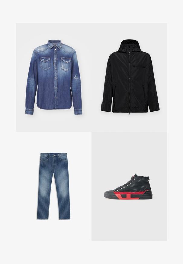 Crna vodootporna jakna s kapuljačom, zatvaračem sprijeda i dva bočna džepa. Ima mali džep s zatvaračem na prsima i glatku teksturu.; Plava traper košulja s oštrim ovratnikom, dugim rukavima, dva džepa na prsima, istrošenim detaljima i zatvaranjem na kopčanje. Izblijedjeli izgled.; Traperice s uzorkom prugica, srednje plave boje, s izblijedjelim dijelovima, ravnog kroja, s pet džepova i metalnim gumbom za zatvaranje.; Crne visoke tenisice s crvenim naglascima i istrošenim završetkom. Imaju teksturirani platneni gornji dio i gumeni potplat s izrezbarenim dizajnom.
