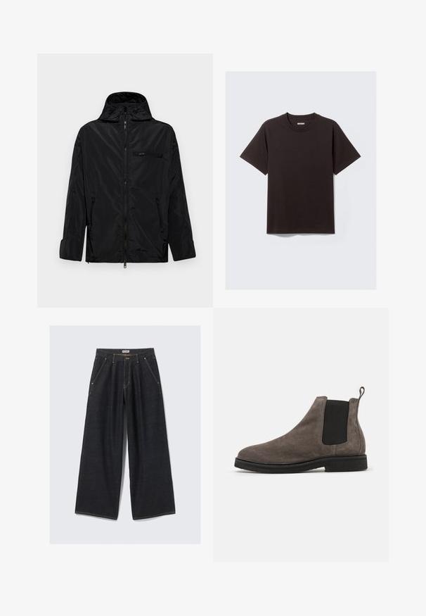 Fekete vízálló dzseki kapucnival, cipzáras elülső résszel és két oldalsó zsebbel. Kis cipzáras mellzsebbel rendelkezik, sima tapintású.; Egyszerű fekete, rövid ujjú pamut póló, kerek nyakkal, és egy kis "WEEKDAY" címkével a hátul, a nyakrésznél.; Sötétkék, széles szárú farmernadrág, elöl pliszékkel, ferde zsebekkel, övhurkokkal és gombos záródással a derékrészen, amelyen a "WEEKDAY" felirat található.; Szürke velúr Chelsea csizma rugalmas oldalsó panelekkel, lekerekített orral és húzószalaggal. Lapos fekete gumitalp. Egyszerű és elegáns dizájn.