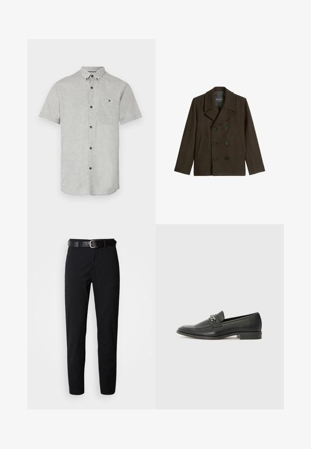 Bruine wollen peacoat met dubbele rij knopen, grote geknipte kraag, twee voorzakken en een soepel interieurvoering.; Korte mouwen overhemd met knopen in lichtgrijze stof, met een borstzak en donkere knopen voor contrast. Glad textuur met een subtiel patroon.; Zwarte broek met een rechte snit, voorzien van een zachte textuur en een zwarte leren riem met een zilveren gesp. Eenvoudig ontwerp, zonder patronen of accenten.; Zwarte leren instapper met een gladde afwerking, voorzien van een gestikt ontwerp en een decoratieve metalen kettingaccent over de wreef. Platte hak.