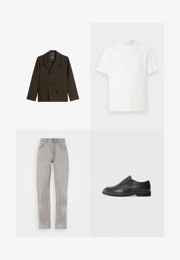 Brauner Wollpeacoat mit doppelt geknöpftem Verschluss, großem Reverskragen, zwei Fronttaschen und glattem Innenfutter.; Weißes Baumwoll-T-Shirt mit Rundhalsausschnitt, kurzen Ärmeln und einem kleinen Logo-Aufdruck auf der Vorderseite. Glatte Textur und lässige Passform.; Graue Denim-Jeans im Straight-Leg-Design, mit fünf Taschen, einem Knopf- und Reißverschluss sowie sanften Verwaschungen im gesamten Stoff.; Schwarze Leder-Slipper mit glattem Obermaterial, gesteppten Akzenten, runder Zehenpartie und niedrigem Gummiabsatz. Die Sohle hat ein minimales Profil.