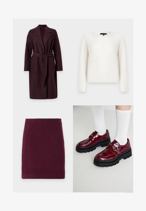 Burgundia villane jope, millel on kaelarätt, pikad varrukad ja sobivast kangast vöö. Omab küljetaskuid ja ühte nupuvajutust.; Valge kettaraami sall, millel on pikad varrukad, ümmargune kaelus ja dekoratiivne pärl kaeluse ääres. Pehme tekstuur ja keha lähedane disain.; Vero Moda VMFORTUNALLISON SHORT - A-lõikeline seelik - winetasting; Burgundi patendi nahkkingad paksu musta tallaga, topelt rihmaga südame detailiga ja ribatatud valged sokid. Retro disain paksu haardega.