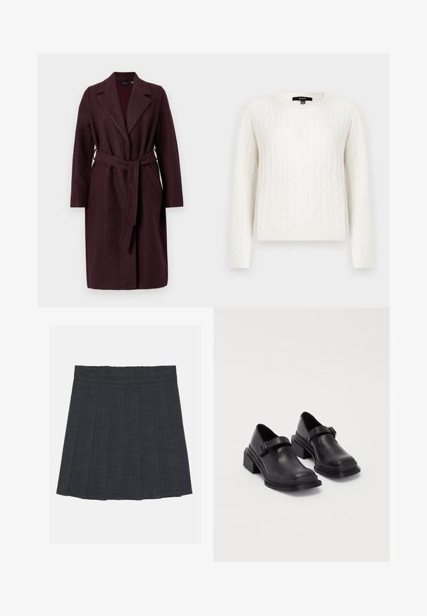Manteau en laine bourgogne avec un col châle, des manches longues et une ceinture en tissu assorti. Il dispose de poches latérales et d'une fermeture à un bouton.; Pull en maille blanche avec des manches longues, un col rond et un accent décoratif en perles au niveau du col. Texture douce et design ajusté.; Jupe plissée gris foncé avec une taille élastique, dotée d'un tissu texturé et d'une silhouette A-line classique. Convient pour une tenue décontractée.; Chaussures en cuir noir avec un bout arrondi, semelle plate et une sangle avec une boucle décorative. Talon épais pour plus de stabilité.
