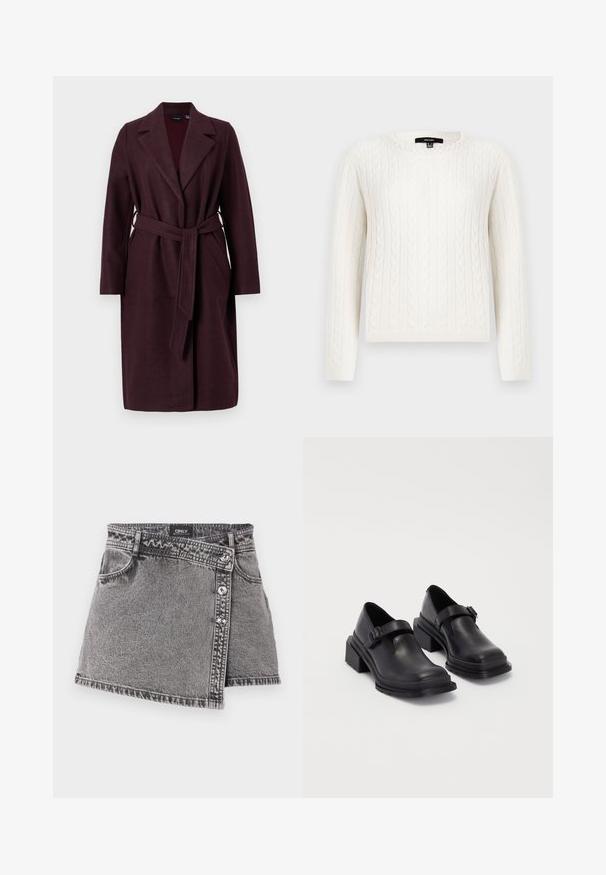Manteau en laine bourgogne avec un col châle, des manches longues et une ceinture en tissu assorti. Il dispose de poches latérales et d'une fermeture à un bouton.; Pull en maille blanche avec des manches longues, un col rond et un accent décoratif en perles au niveau du col. Texture douce et design ajusté.; Jupe mini en denim gris avec une coupe asymétrique, ornée de détails en bouton argenté et d'une poche avant. Texture lisse et design décontracté.; Chaussures en cuir noir avec un bout arrondi, semelle plate et une sangle avec une boucle décorative. Talon épais pour plus de stabilité.