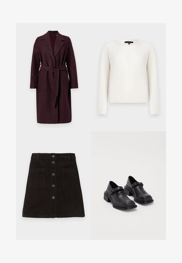 Vyno raudono vilnonis paltas su šaliu, ilgomis rankovėmis ir atitinkamo audinio diržu. Yra šoninės kišenės ir vieno mygtuko užsegimas.; Baltas pynėtas megztinis su ilgomis rankovėmis, apvaliu iškirpimu ir dekoratyvia perlų akcentu ant apykaklės. Minkšta tekstūra ir prigludęs dizainas.; Ruda velveto A formos sijonas su mygtukų uždarymu priekyje, dviem priekinėm kišenėm ir tekstūruotais vertikaliais dryžiais. Standartinė juosmens juosta su diržo kilpomis.; Juodos odinės bateliai su apvaliu priekiu, plokščiu padu ir dirželiu su sagtimi. Didelis blokinis kulnas, užtikrinantis papildomą stabilumą.