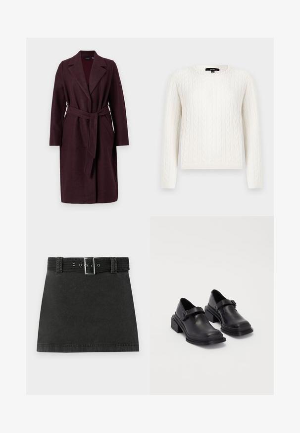 Burgunderfarbener Wollmantel mit Schalkragen, langen Ärmeln und passendem Stoffgurt. Verfügt über seitliche Taschen und einen Ein-Knopf-Verschluss.; Weißer Strickpullover mit Kabelmuster, langen Ärmeln, rundem Halsausschnitt und einem dekorativen Perlenakzent am Kragen. Weicher Stoff und taillierte Passform.; Schwarzer Denim-Minirock mit passendem Gürtel, der eine metallische Schnalle und Gürtelschlaufen aufweist, flach auf einem weißen Hintergrund präsentiert.; Schwarze Lederhalbschuhe mit runder Zehenpartie, flacher Sohle und einem Riemen mit Schnallen-Detail. Robuster Blockabsatz für zusätzliche Stabilität.