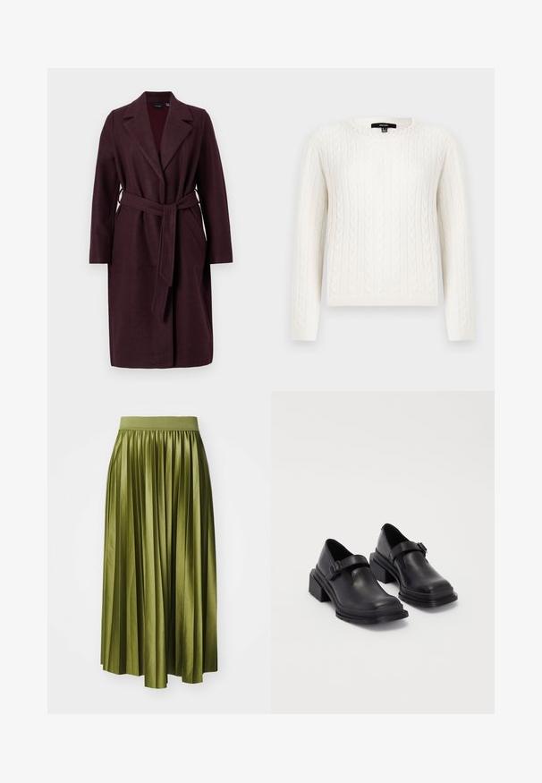 Burgundy gyapjú kabát sálgallérral, hosszú ujjal és azonos anyagú övvel. Oldalsó zsebekkel és egy gombos záródással rendelkezik.; Fehér, kötött pulóver, hosszú ujjal, kerek dekoltázzsal és dekoratív gyöngyös díszítéssel a galléron. Puha tapintású és testhezálló fazon.; Zöld olíva színű, pliszírozott midi szoknya, széles gumis derékrésszel és áramló szilhuettel, függőleges pliszékkel.; Fekete bőr cipők lekerekített orral, lapos talppal és csattal díszített pánttal. Masszív blokk talp a megnövelt stabilitásért.
