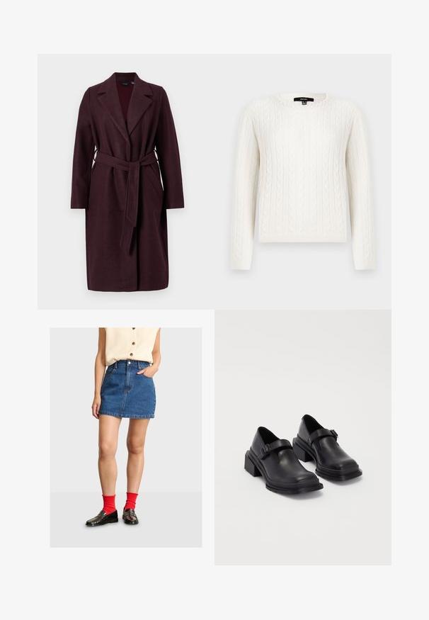 Burgundyröd ullkappa med sjalkrage, långärmar och ett matchande tygbälte. Har sidofickor och en enkelknappsstängning.; Vit kabelstickad tröja med långa ärmar, rund halsringning och en dekorativ pärlaccent vid kragen. Mjuk textur och figurnära design.; Jeanskjol i blått med en åtsittande midja, fem fickor och knappstängning. Matchas med svarta loafers och röda knästrumpor.; Svart läderskor med rund tån, platt sula och ett band med spänne. Kraftig blockklack för ökad stabilitet.
