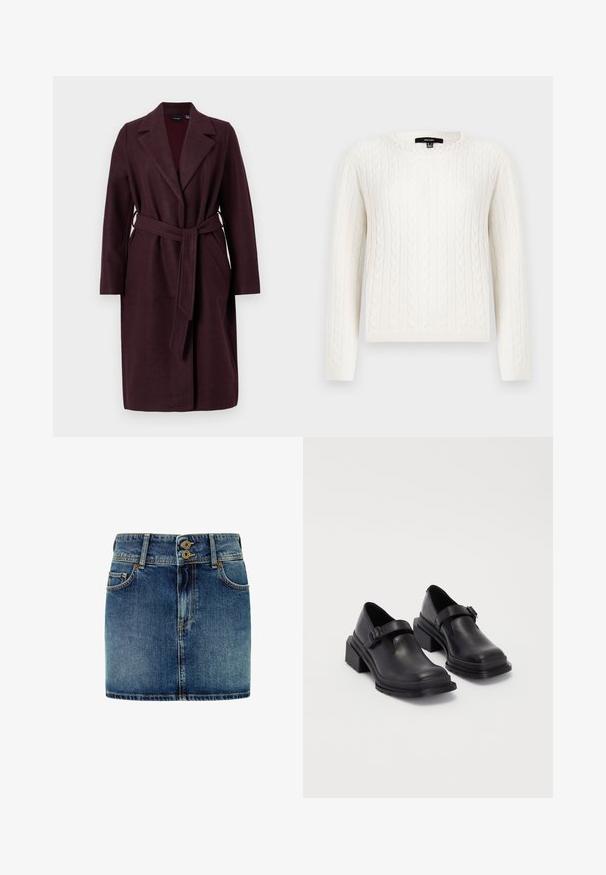 Bordo vuna kaput s revere ovratnikom, dugim rukavima i pasom od istog materijala. Ima bočne džepove i zatvaranje na jedan gumb.; Bijela pletiva s uzorkom, dugih rukava, okruglog izreza, s ukrasnim bisernim detaljem na ovratniku. Mekana tekstura i prilagođeni dizajn.; Pepe Jeans Suknja od trapera - denim; Crne kožne cipele s okruglim vrhom, ravnim đonom i remenom s detaljem kopče. Debeli blok peti za dodatnu stabilnost.