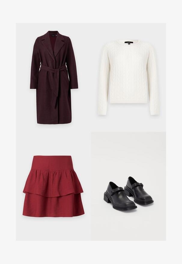 Burgundská vlnená bunda s šálovým golierom, dlhými rukávmi a zodpovedajúcim opaskom. Obsahuje bočné vrecká a uzatváranie na jeden gombík.; Biely sveter s pleteným vzorom, ktorý má dlhé rukávy, okrúhly výstrih a ozdobný perlový prvok na golieri. Mäkko sa nosí a je priliehavého strihu.; Základná sukňa v hlbokom burgundskom odtieni, s širokým pásom, štruktúrovanými volánmi na vrstvách a mäkkou, textúrovanou látkou.; Čierne kožené topánky s okrúhlou špičkou, plochou podrážkou a remienkom s detailom pracky. Hrubý blokový opätok pre väčšiu stabilitu.