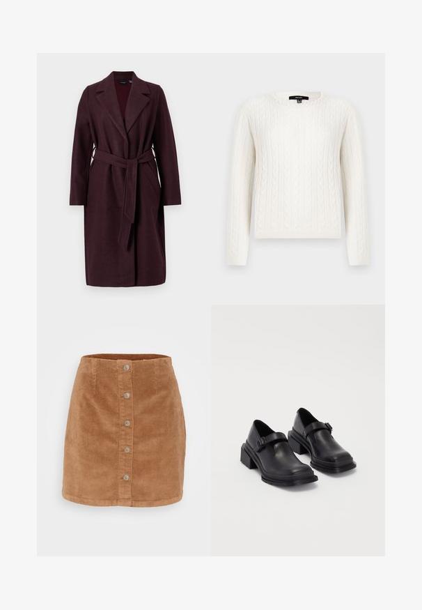 Burgunderfarbener Wollmantel mit Schalkragen, langen Ärmeln und passendem Stoffgurt. Verfügt über seitliche Taschen und einen Ein-Knopf-Verschluss.; Weißer Strickpullover mit Kabelmuster, langen Ärmeln, rundem Halsausschnitt und einem dekorativen Perlenakzent am Kragen. Weicher Stoff und taillierte Passform.; Leichte braune Cord Minirock mit Knopfverschluss, sieben silberfarbenen Knöpfen und einem strukturierten, gerippten Stoff.; Schwarze Lederhalbschuhe mit runder Zehenpartie, flacher Sohle und einem Riemen mit Schnallen-Detail. Robuster Blockabsatz für zusätzliche Stabilität.